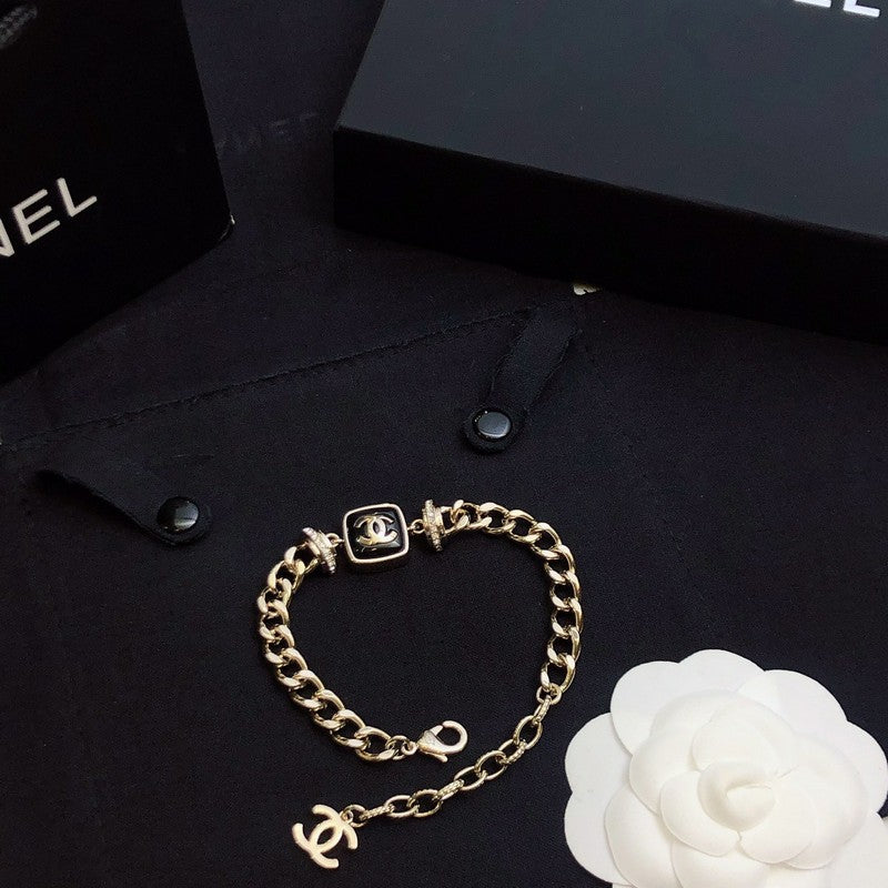 18K Chanel Black Logo Gold Chain Bracelet