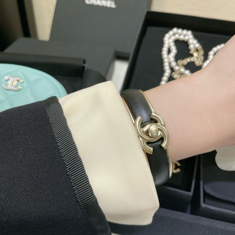 18K Chanel Black Leather Cuff Bracelet