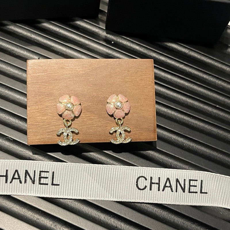 18K Chanel 26C Pink Camellia Diamond Earrings